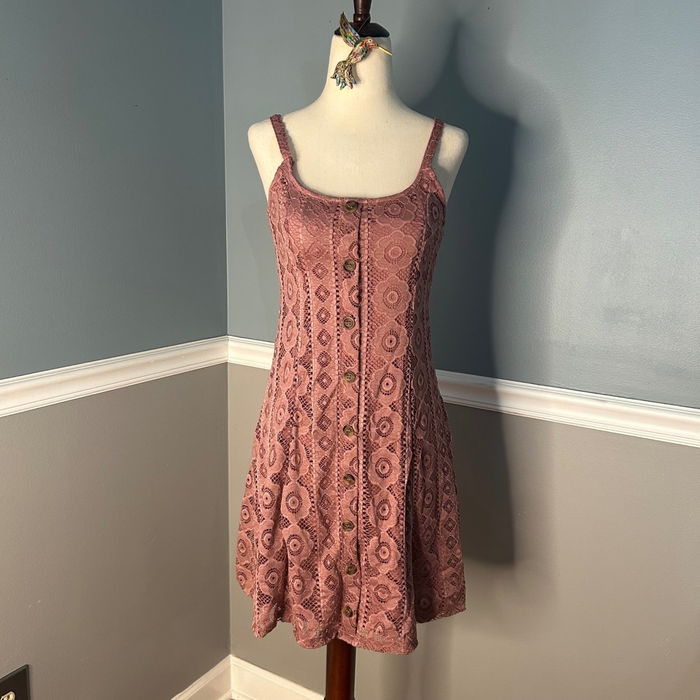 Aeropostale Lace Mini Dress faux Button Front Sleeveless Casual Mauve Pink s